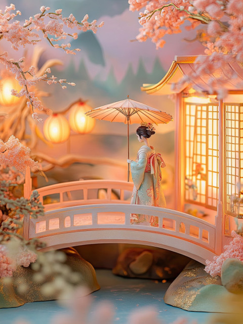 A noble traveler with a parasol walks across a scenic bridge