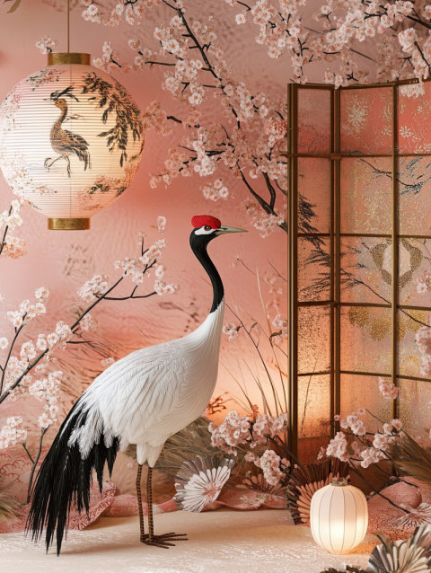 A crane stands gracefully beside a brocade screen