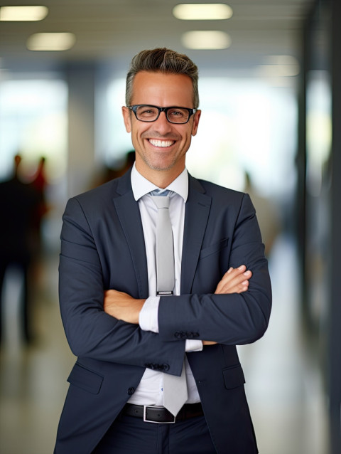 Friendly smiling businessman in formal suit working at office desk