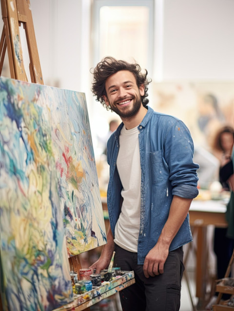 Friendly smiling artist painting on canvas