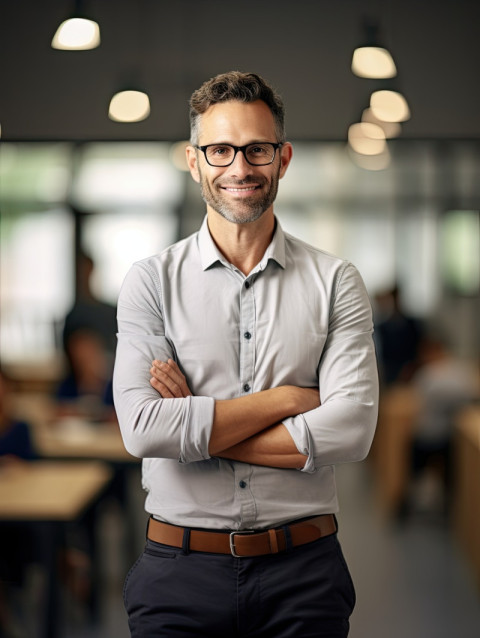 Friendly smiling teacher in classroom