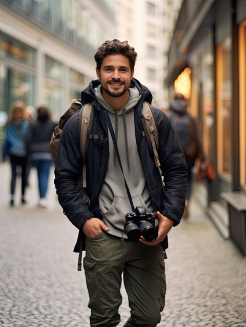 Friendly smiling photographer holding camera