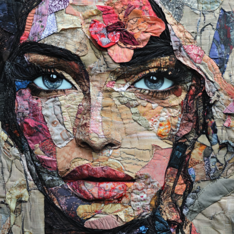 A face of a beautiful woman made from fabric collagein the style of made of lace