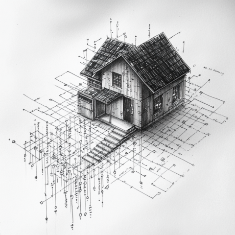 A single story house protected by a digital barrier in the style of wireframe drawing