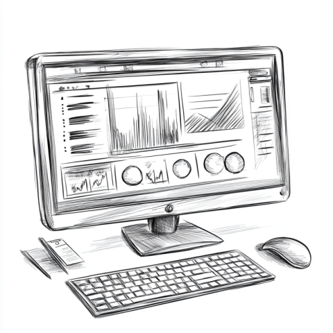 Monitor screen of activities and outcomes on the screen in the style of wireframe drawing