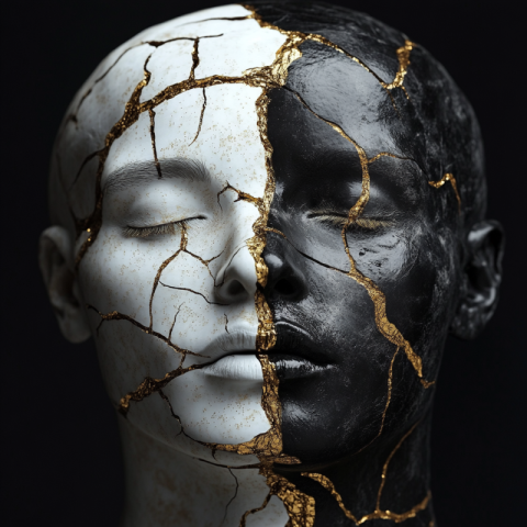 Golden Male and female cracked and glued with golden dust faces in kintsugi art style