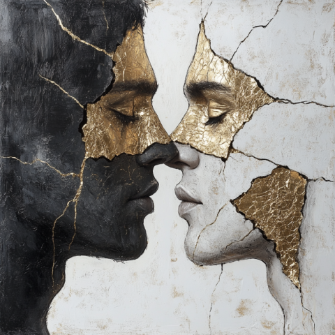 One sided love between to males incorporate gold cracks in kintsugi art style