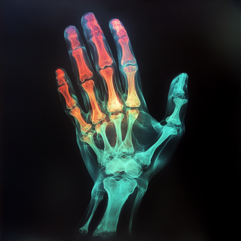 A colorful left hand in X ray style