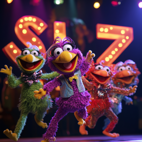 Muppet puppets dancing around a 3D logo