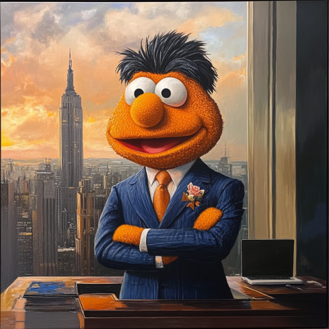 A portrait of a orange Muppet with black hair wearing an expensive blue suit