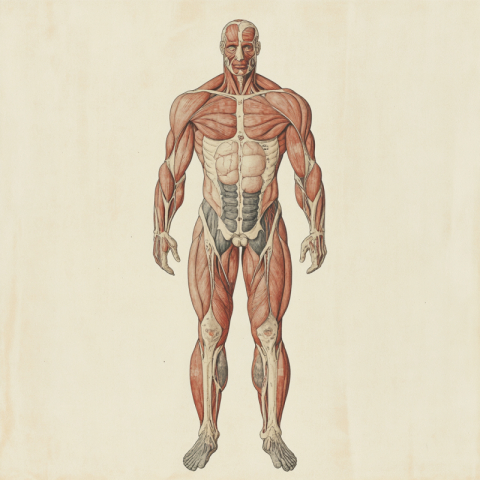 Anatomical drawing of a human body showing overall structure and systems. Educational medical illustration for human anatomy and organ anatomy use