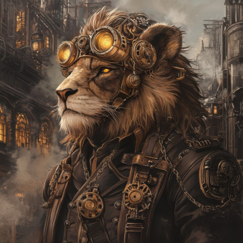 A mechanical lion with brass gears and glowing eyes roars as it prowls through a steam powered city