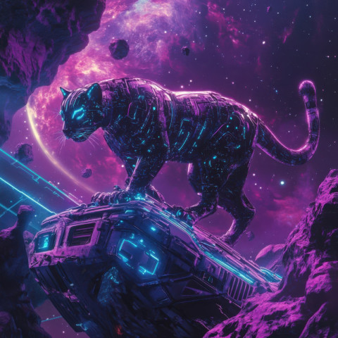 Bioluminescent space panther with glowing fur prowls on an asteroid under a neon lit sky