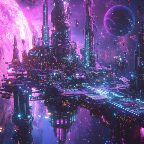 Floating star city with towering crystal spires glows under nebula light