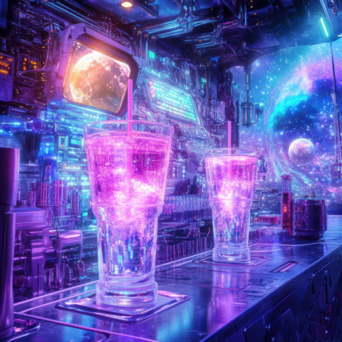 Anti grav cafÃ© with levitating tables serves glowing drinks to cosmic travelers