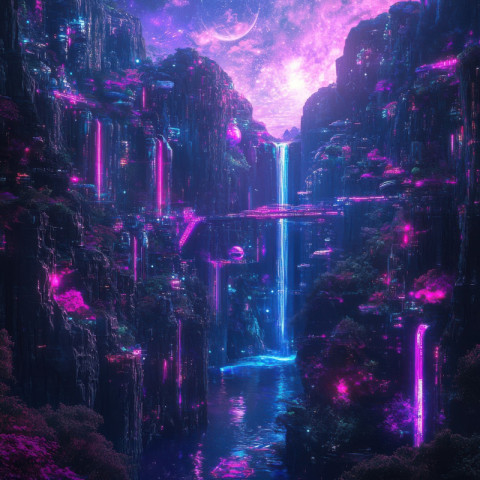 Nebula lit canyon with glowing flora pulsates with alien energy