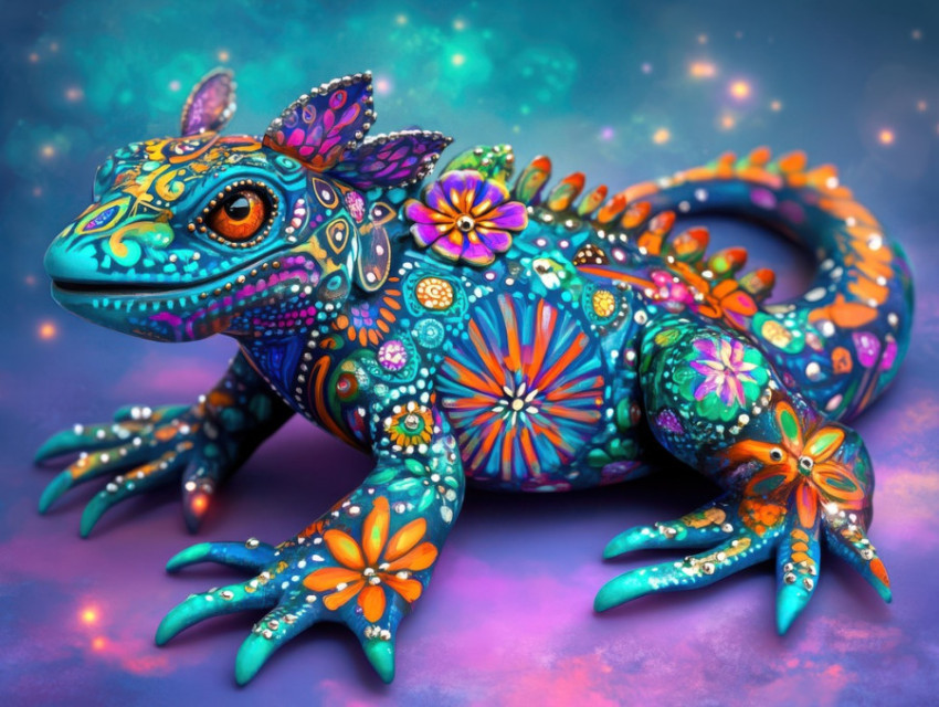 Lizard with floral mandala skin