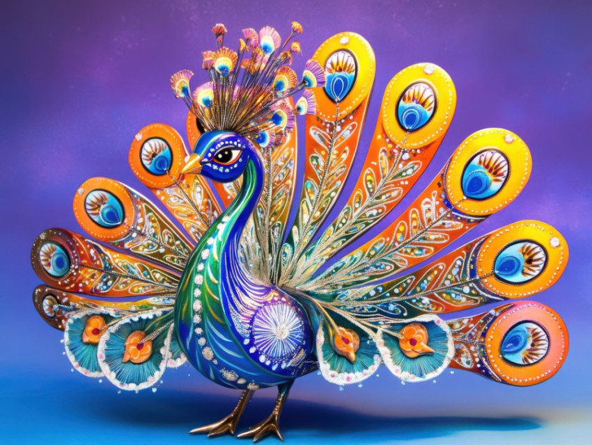 Peacock with shimmering fire-like tail