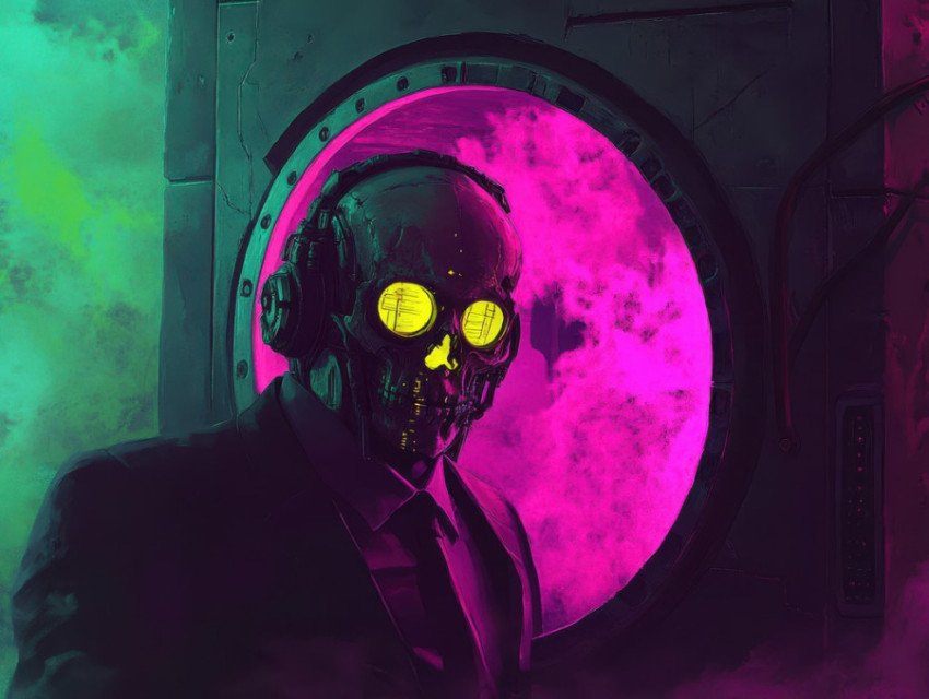 Banker in a skull mask stands in a neon lit vault