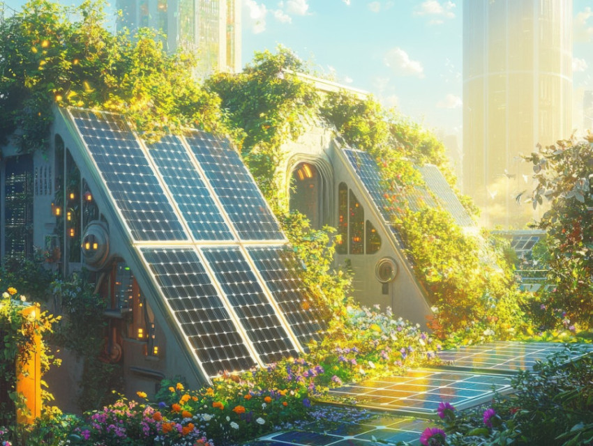 Solar panel rooftop gardens with lush greenery harness renewable energy for urban farming