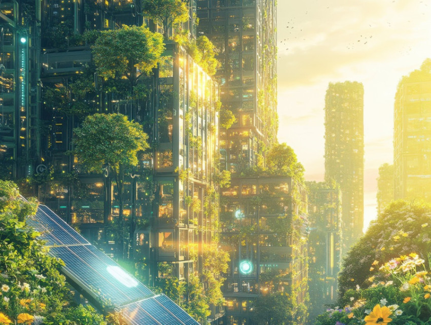 Tree integrated skyscrapers with green canopies and solar panels merge nature with urban architecture