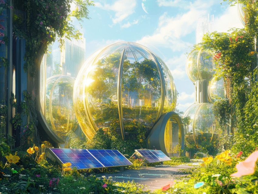 Glass bio domes with climbing vines create self sustaining green spaces