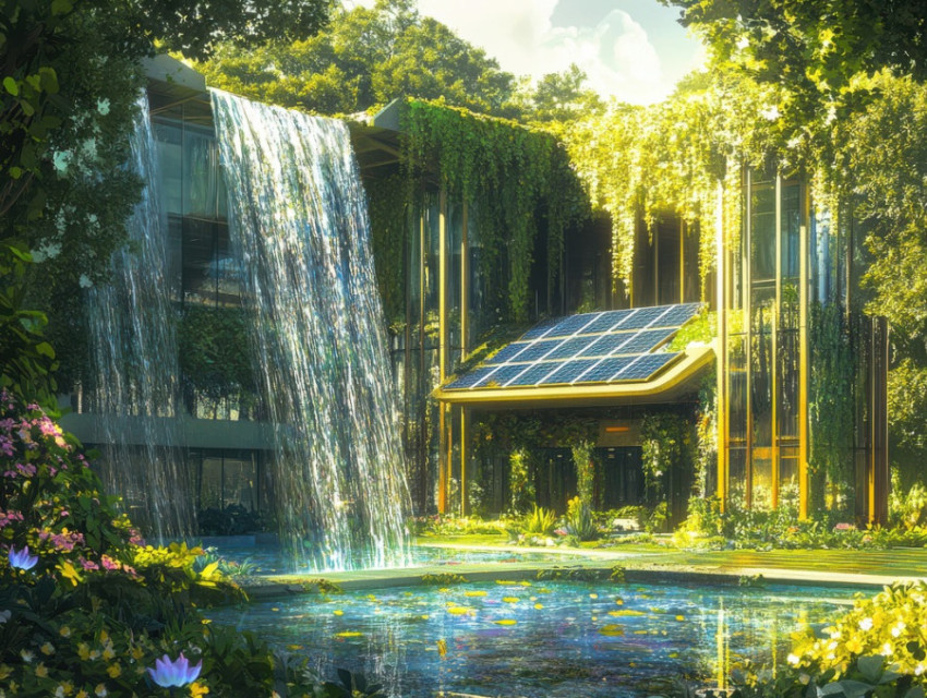 Waterfall powered eco buildings generate renewable energy while blending into nature