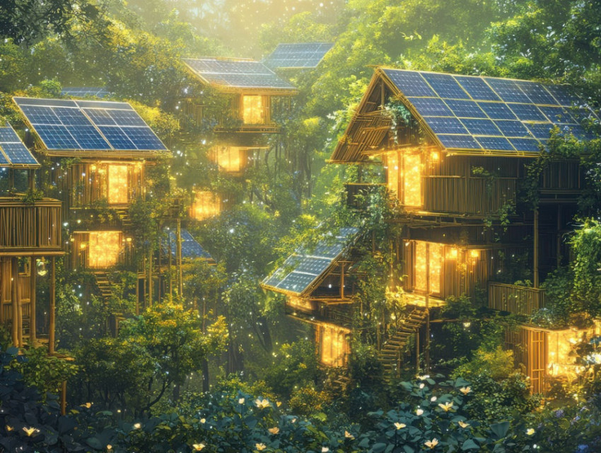 Solar lit bamboo houses with natural ventilation and lush gardens embody sustainable living