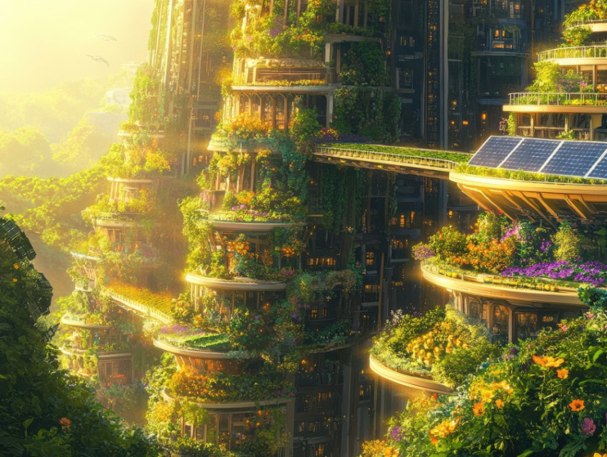 Terraced farms on skyscrapers provide fresh produce while harnessing solar energy