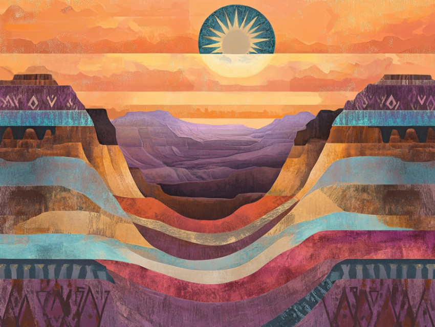 Golden sunrise over desert cliffs with a traditional kachina doll in view
