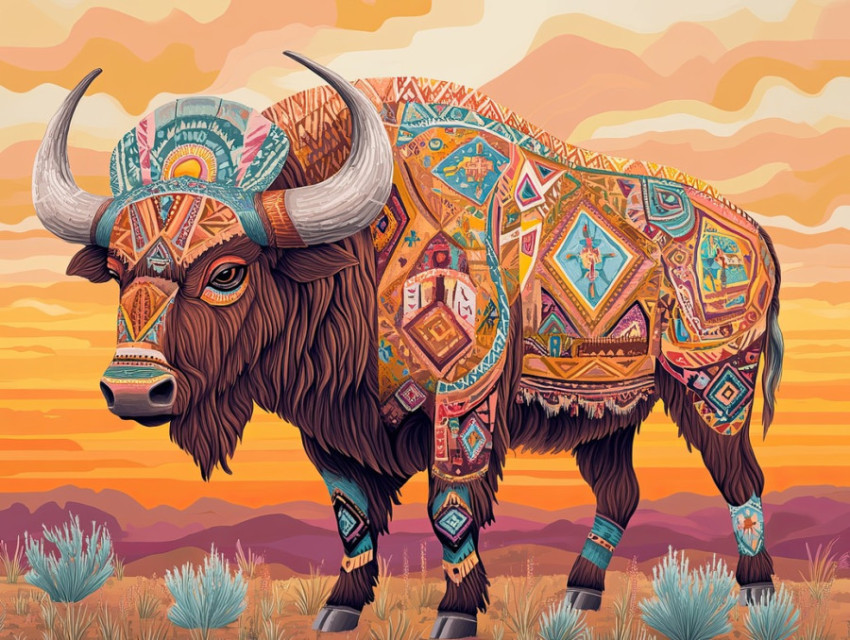 Buffalo roam the open plains with a kachina doll nearby