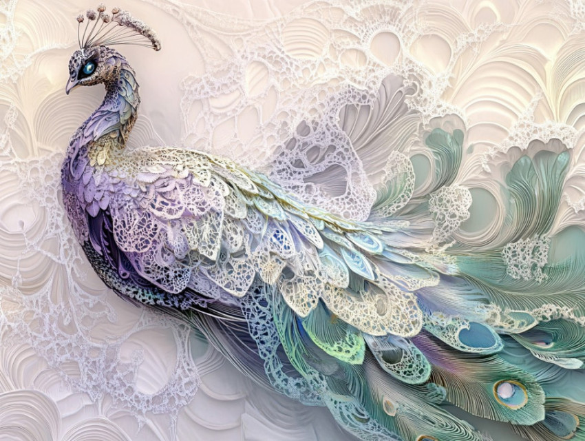 Elegant peacock with detailed lace feather patterns inspired by Vamberk lace