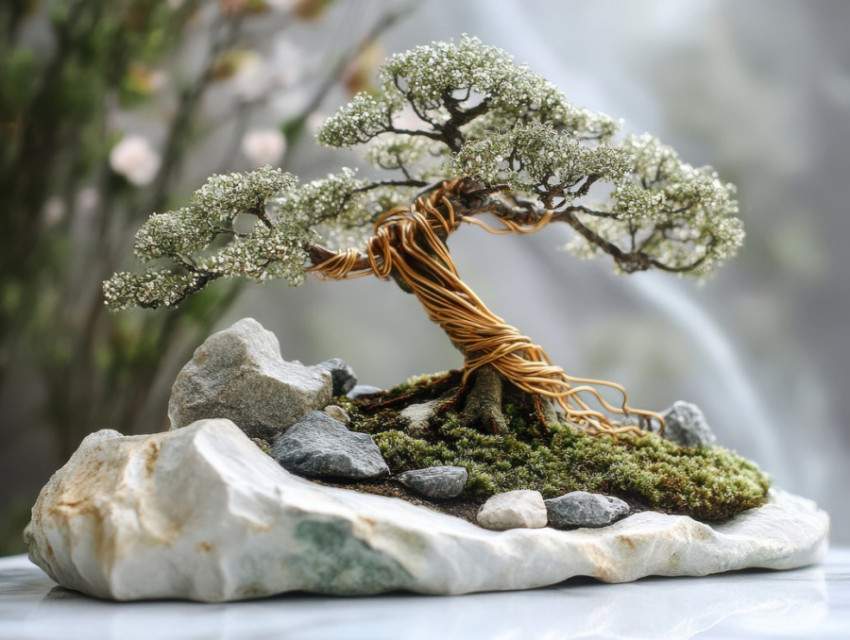 Perfectly shaped bonsai tree surrounded by natural rocks