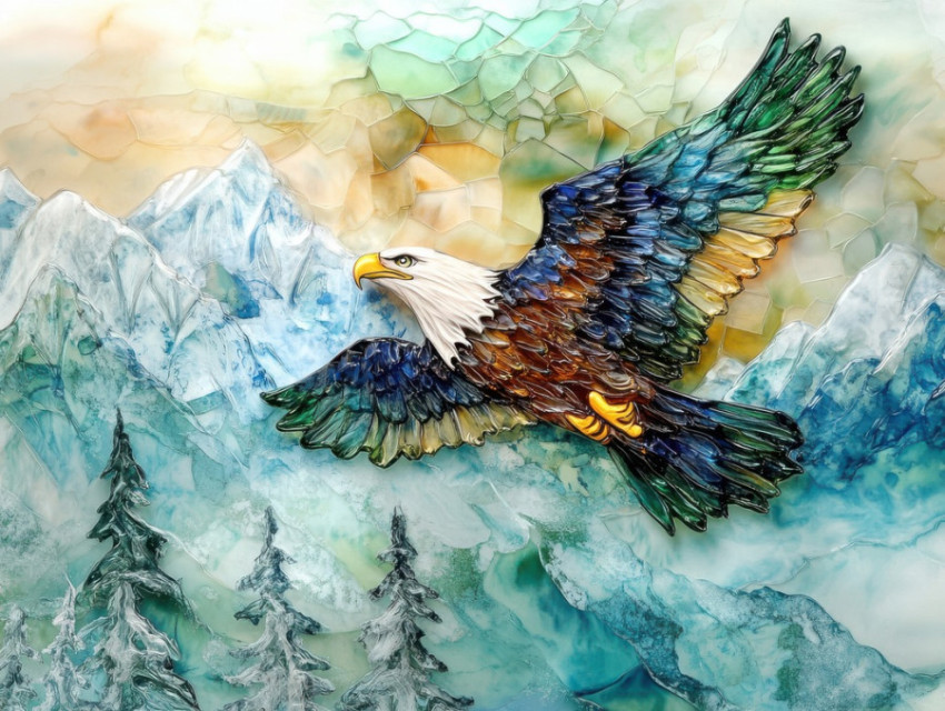 Majestic eagle soaring over snow-capped mountains