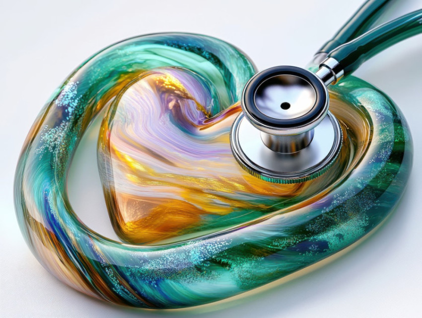 Stethoscope coiled around a vibrant heartbeat