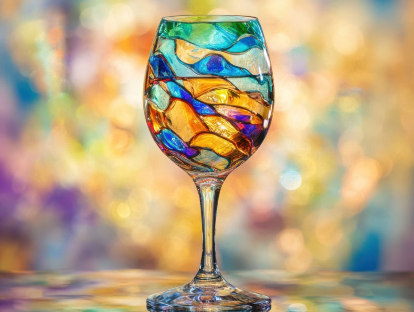 Glass of sparkling wine reflecting sunset hues