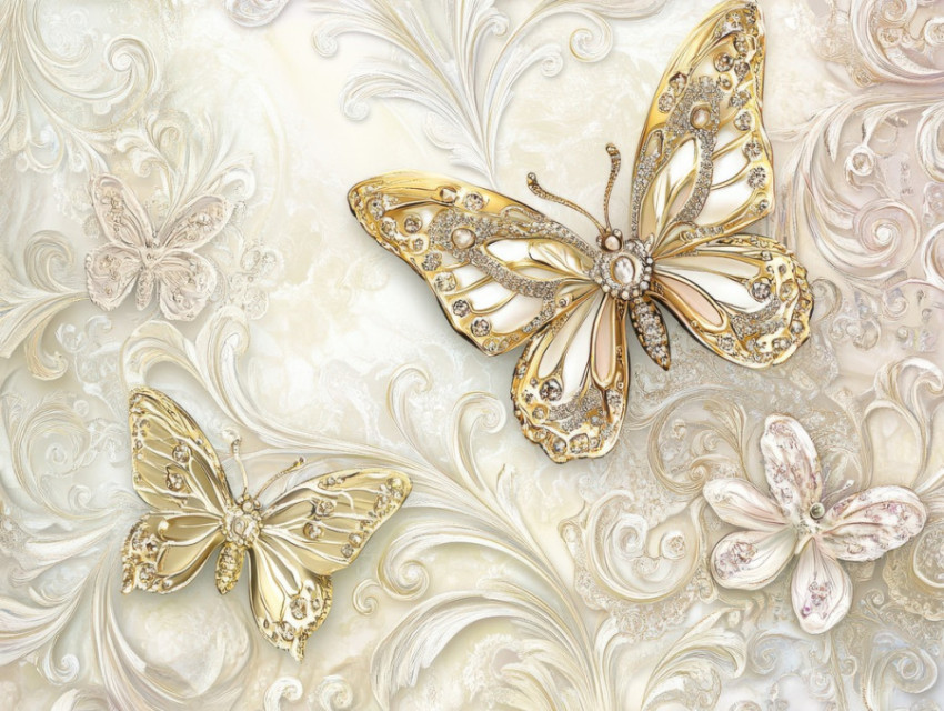 Golden butterflies fluttering in lacework swirls