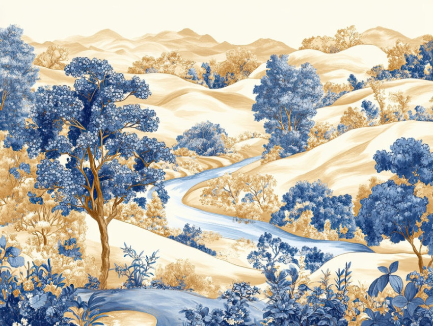 Rolling hills with a winding river flow through an artistic cibulak porcelain design