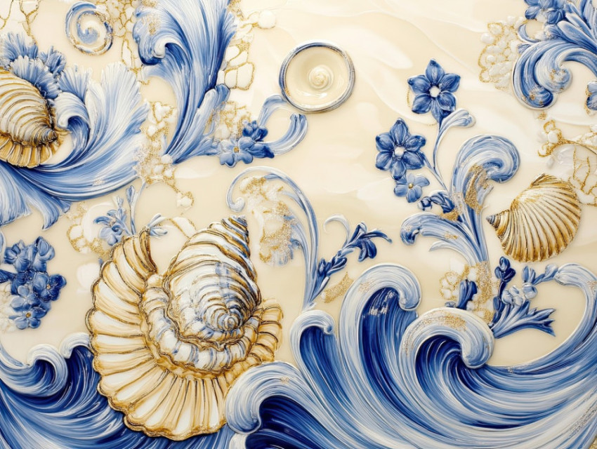 Seashells and swirling waves form elegant patterns in cibulak porcelain