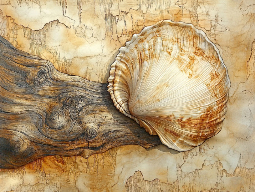 Seashell resting on driftwood