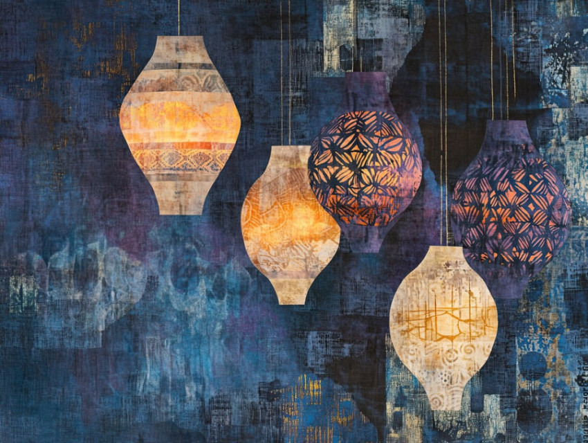 Floating lanterns glow with organic patterns