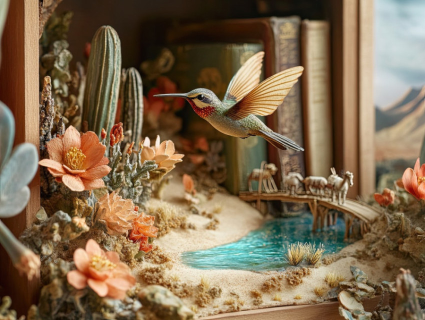 Hummingbird hovers over blooming flowers in a colorful diorama