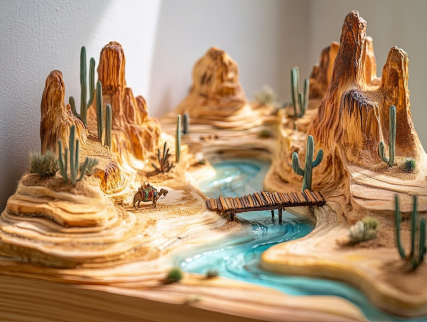 Mountain valley with a winding river in a peaceful diorama