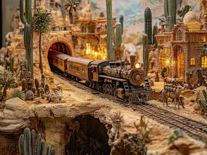 Bustling train station with a departing locomotive in a miniature diorama