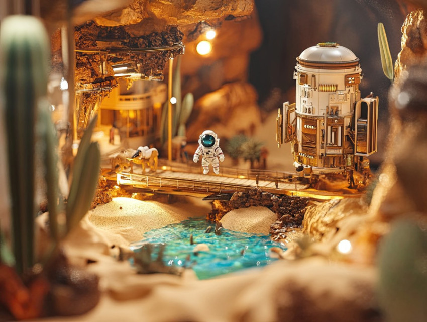 Space station with tiny astronauts floating in a futuristic diorama