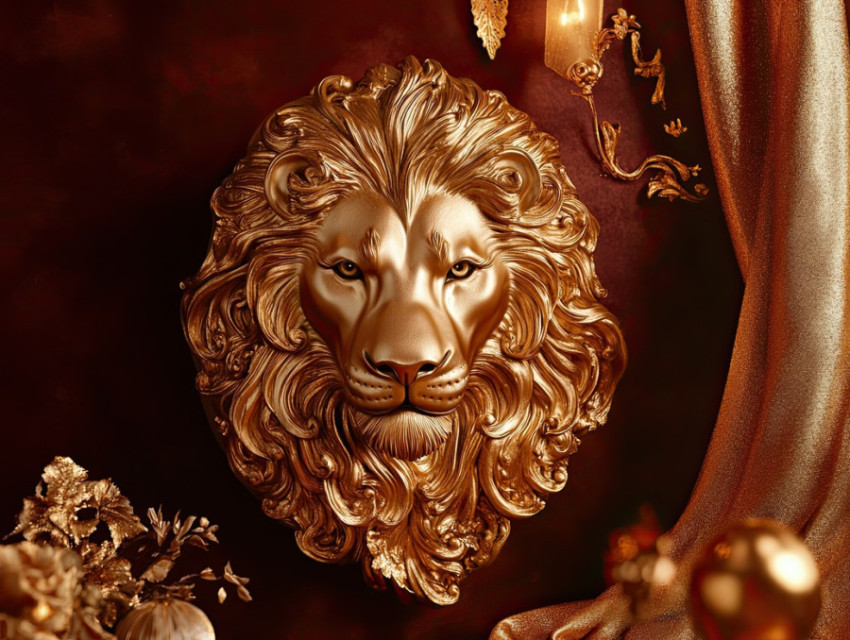 Regal lion head with a flowing golden mane detailed in gold leafing