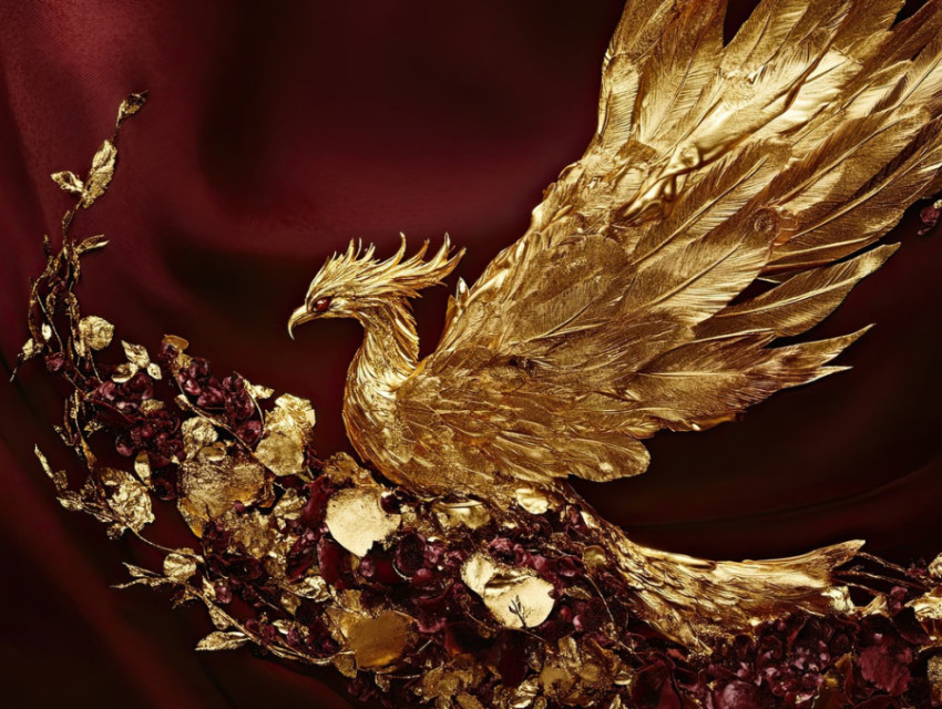 Phoenix rising with shimmering gold feathers