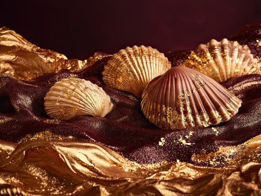 Golden seashells resting on shimmering waves