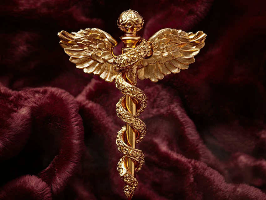 Delicate golden caduceus with fine details symbolizing medicine and healing