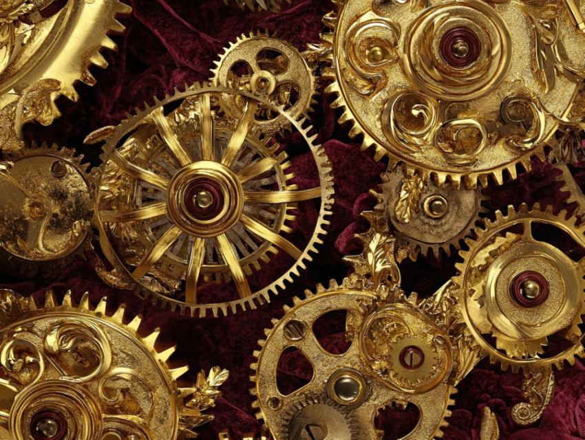 Gilded clock gears interlocking in motion